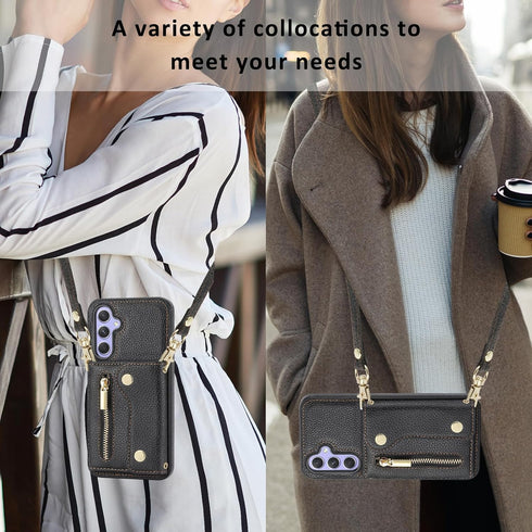 Asuwish Phone Case for Samsung Galaxy S24 5G Zipper Wallet Cover with Screen Protector and Credit Card Holder Slot Shoulder Crossbody Strap Long L...