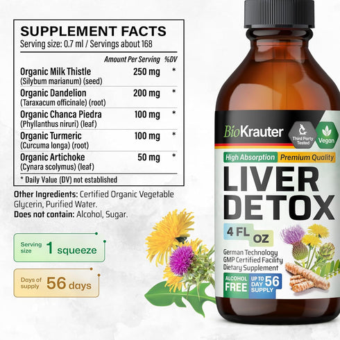 BIO KRAUTER Liver Detox Liquid - Liver Cleanse Detox Liquid Drops - Milk Thistle, Chanca Piedra, Turmeric, Dandelion, Artichoke - Vegan Drops 4 Fl...