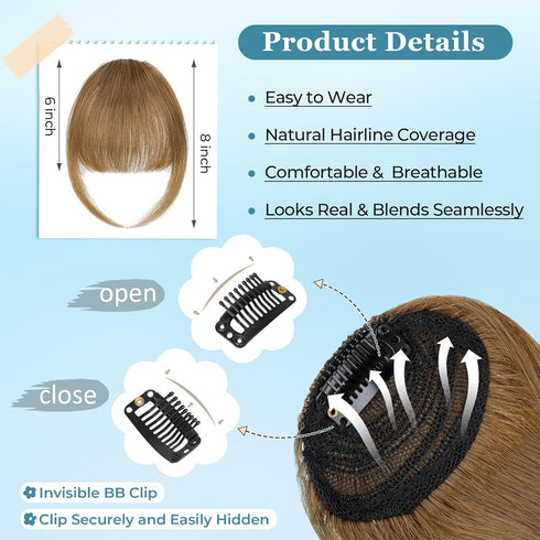 Bangs Hair Clip in Bangs,100% Real Human Hair Extensions French Bangs Clip on Curtain Flat Bangs Fringe with Temples Hairpieces for Women Light Br...