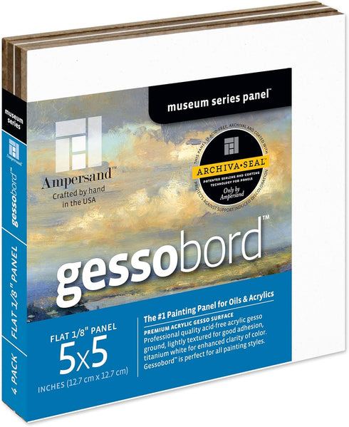 Ampersand Art Supply Gesso Wood Painting Panel: Museum Series Gessobord, 5" x 5", 1/8" Flat Profile, Pack of 4...