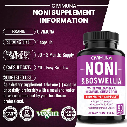 Noni Capsules 8850mg - Noni, Boswellia, White Willow Bark - 3 Months Supply...