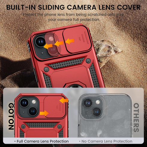 Goton for iPhone 15 Plus Case with Screen Protector - Slide Camera Cover Protective Phone Case with Ring Stand, Heavy Duty Shockproof Rugged Bumpe...