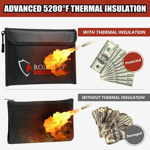 ROLOWAY Fireproof Bag (9.6 x 6.6 inches) 5200°F Heat Insulated, Fireproof Money Bag with Zipper for Cash, Fireproof Safe Bank Bag, Fireproof Money...