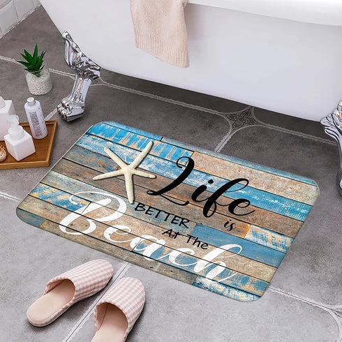 Life is Better at The Beach Door Mat Front Door Welcome Mat Ocean Coastal Starfish Entrance Rug Beach Wood Grain Non Slip Floor Mat for Kitchen En...