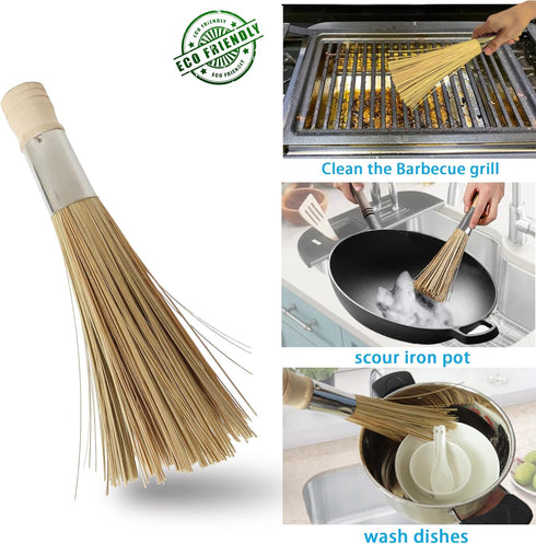 LSZSSJ9.84-inch natural bamboo brush kitchen cleaning brush, used to clean grills, pans, and stoves, without damaging The surface, 2 bamboo brushe...