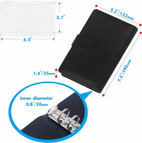 PU Leather Budget Binder Notebook Planner with 40 Pages Loose-Leaf Filler Paper, Stainless Ring Binder, 6 Zipper Bags, 10 Category Stickers, 2 Pen...