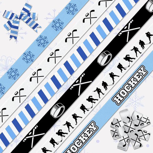 6 PCS Sports Hockey Ribbons for Crafting, 3/8" Width Grosgrain Ribbon Winter Snowflake Ribbon Blue White Curling Balls Craft Ribbons for Sports Pa...