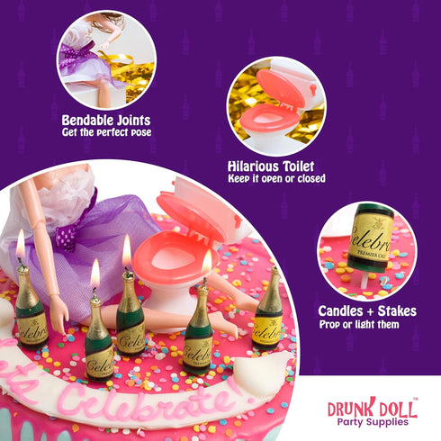 Happy 21st Birthday Cake Topper Decorations For Her With Mini Liquor Wine Bottle Candles, Toilet & Jointed Doll | 21st Birthday Decoration Party S...