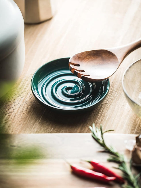 Spoon Rest, Porcelain Spoon Holer with Drip Tray, for Multiple Utensils, Heat-Resistant, Ceramic Spoon Rest for Spoons, Ladles, Tongs, Dark Green...