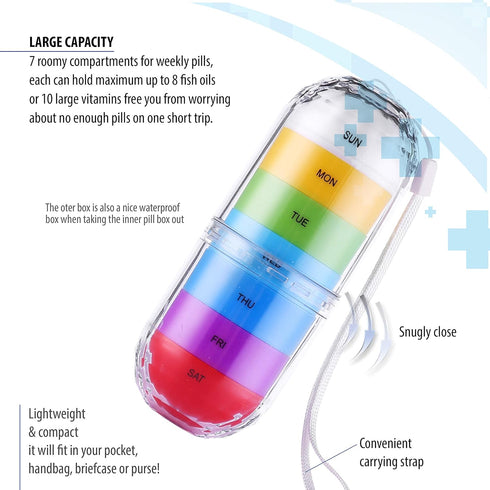 Deke Rainbow 7 Day Waterproof Pill Organizer case Tower Box Medicine Planner case (Seven Day Weekly Travel Container) Medication, Vitamin Holder O...