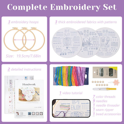 Sekonow 3 Sets Embroidery Kit for Beginners with 3 Hoops, 33 Different Stitches with Patterns, Craft Needlepoint Embroidery Starter Kit for Adults...