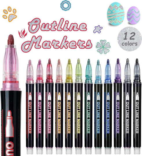 Double Line Outline Pens, 12 Colors Self-outline Metallic Markers, Shimmer Glitter Pens Set for Christmas Card Writing, Birthday Greeting, DIY Art...