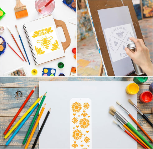 Honeybee Stencils for Painting - 12 Pcs Honeybee Stencils for Crafts Reusable, Daisy Flower Honeybee Stencils for Painting on Wood, Reusable Honey...