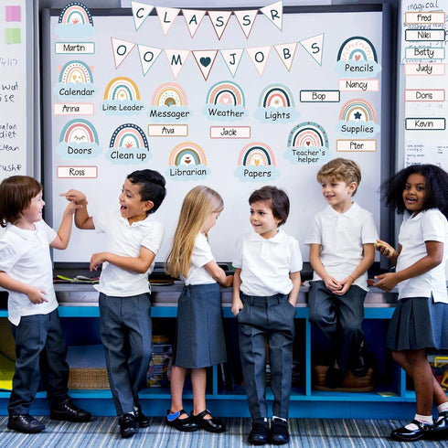 Gueevin 72 Pcs Boho Classroom Jobs Bulletin Board Set Rainbow Bulletin Board Cutouts Classroom Jobs Chart Teacher's Helper Chalkboard Decor for Ba...