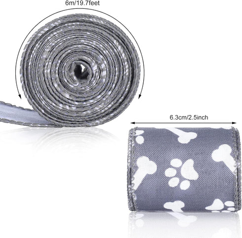 4 Rolls 26.4 Yard Paw Print Ribbon Dog Bone Wired Edge Ribbon Craft Wired Ribbon DIY Wrapping Ribbon for Halloween Christmas Handicraft Decor Part...