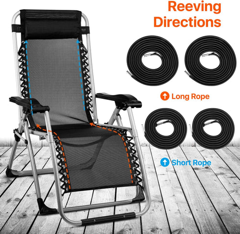 Flexzion Replacement Cord for Gravity Chair - 4 Black Cords (2 Long 2 Short) - Universal Nylon Laces Repair Kit for Zero Gravity, Bungee, String, ...