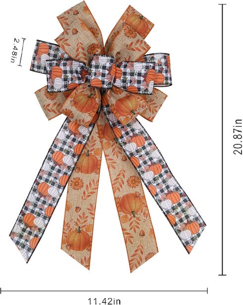 Large Fall Pumpkin Bow for Wreath, White Black Buffalo Plaid for Fall Thanksgiving Party Indoor Outdoor Door Wall Decoration Supplies...