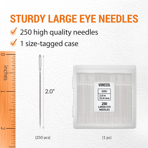 VONEEDL 250 Large Eye Sharp Needles - Easy to Thread Needles in Convenient Storage Box - Bulk Set of 2 inch Big Eye Embroidery Needles, Perfect fo...