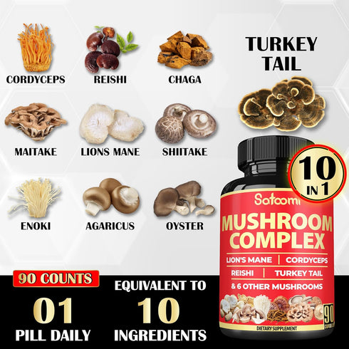 Satoomi 90 Capsules - 10in1 Turkey Tail Supplement with Lions Mane, Turkey Tail Mushroom, Reishi Mushroom & Others - for 90 Days...