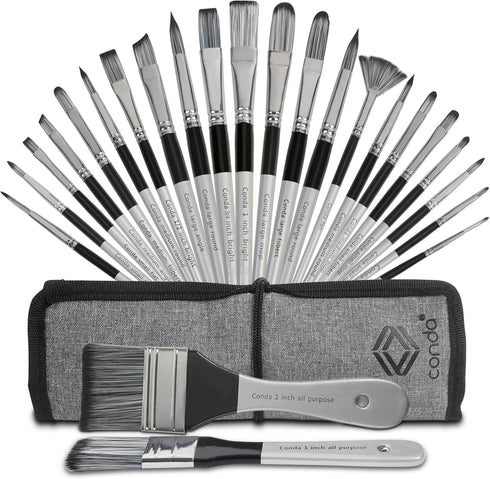 Paint Brushes Set of 24 Pieces, CONDA Different Shapes Wooden Handles Brushes with Art Brush Case, Professional Artist Brushes for Oil, Acrylic Ca...