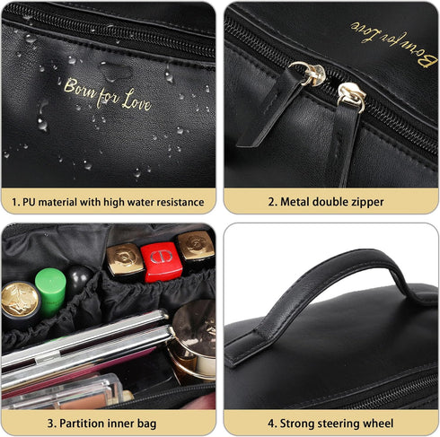 HLC Large Capacity Travel Cosmetic Bag Portable Makeup Bag, PU Leather Waterproof Women Travel Make up Bag Organizer with Handle and Divider Cosme...