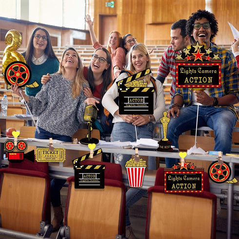 Hicarer 32 Pieces Movie Party Decorations Red Carpet Cutouts Cards Table Toppers Movie Theme Decor Double Sided Printing Golden Black Red for Nigh...