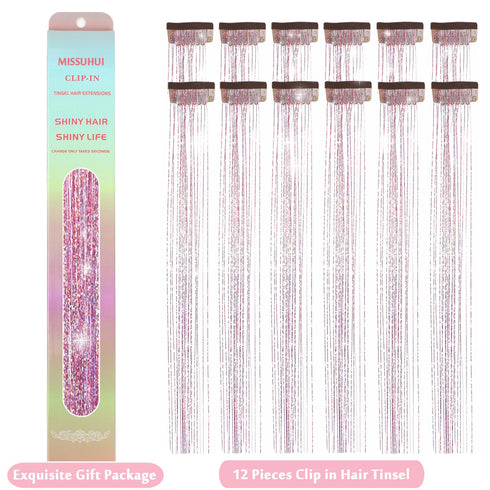 12Pcs Hair Tinsel Clip in 23.6Inch Clip in Hair Tinsel Pink Glitter Tinsel Hair Extensions Heat Resistant Tinsel Hair Kit Clip in Sparkling Fairy ...