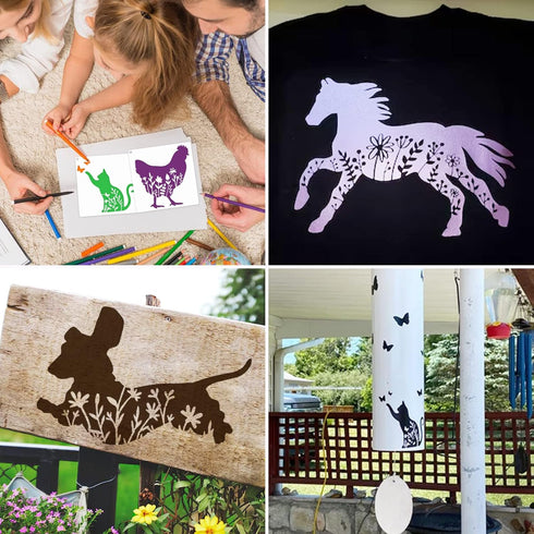 15Pcs Flower Animal Stencils for Painting On Wood Floral Nature Farmhouse Paint Stencil Dog Cat Bear Cow Bunny Reusable Embroidery Stencils for Dr...