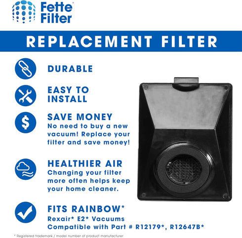 Fette Filter - Vacuum Filter Compatible with Rainbow R12179, R12647B, R10520, E2 Black, E2 Silver, E2 Gold Washable Filters - Pack of 1...