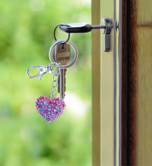 Puzzled Pink Heart Keychain - Silver 3D Sparkling Crystal Rhinestone Keychain, Stylish Silver Metal Alloy Heart Shaped Bag Pink Keychain, Cute Pin...