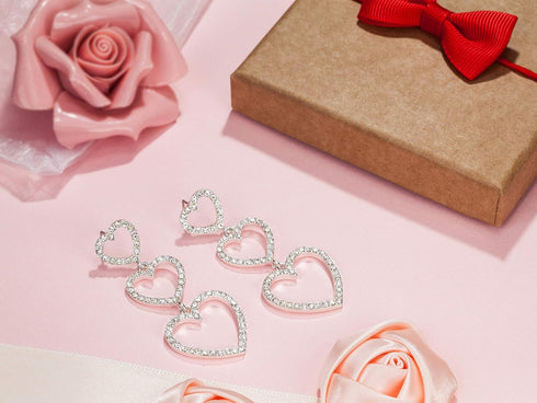 RareLove Bling CZ Crystal Interlocking Three Heart Hollow Dangle Stud Piercing Earrings For Women Silver Plated Alloy Valentines Gift For Her...