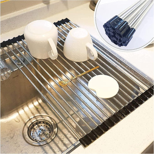 Roll up Dish Drying Rack Over The Sink Portable Stainless Still Rolling Rack Folding Mat for Kitchen Counter (Black, 17.7''LX11.2''W)...