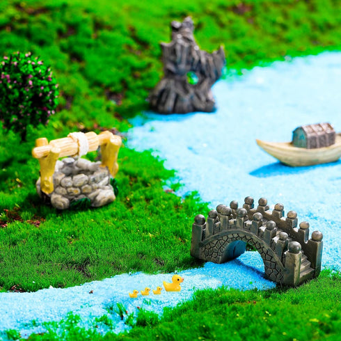 Imitation Moss Miniature Fairy Garden Accessories,Miniature Pond Lawn Garden Ornament Figurines, Mini Lighthouse Water Well Bridge Figurines, Micr...