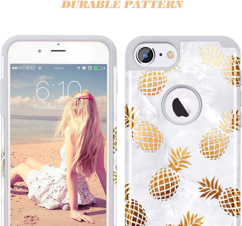 Fingic for iPhone 8 Pineapple Case,iPhone 7 Phone Case, Slim Golden Pineapple&Grey Marble Cute Pattern Cover for Girls Ladies Hard PC Soft Rubber ...