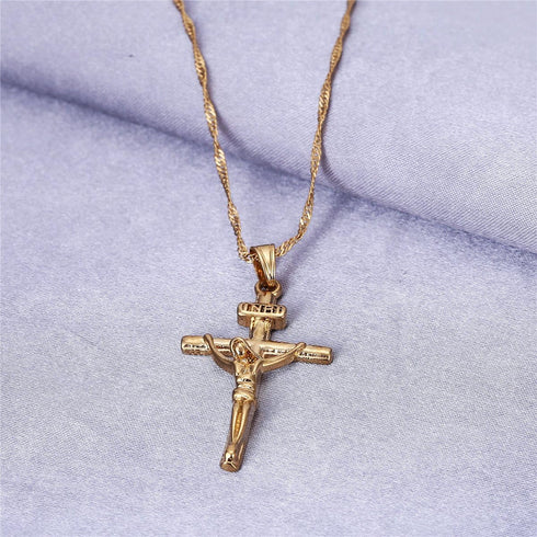 24K Gold Jesus Cross Necklace Religion Crucifix INRI Pendant Jewelry...