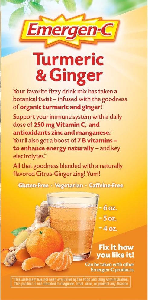 Emergen-C Citrus-Ginger Fizzy Drink Mix, Turmeric and Ginger, Immune Support, Natural Flavors with High Potency Vitamin C, 18 Count...