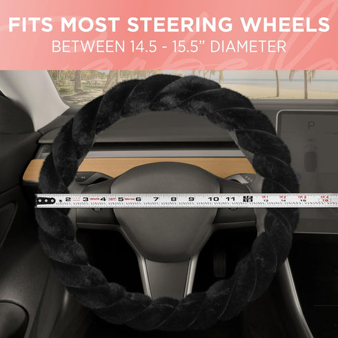 Twisted Fur Black Soft Steering Wheel Cover, Standard 15 Inch Size Fits Most Vehicles, Fuzzy Fluffy Car Steering Cover with Soft Faux Fur Touch, C...