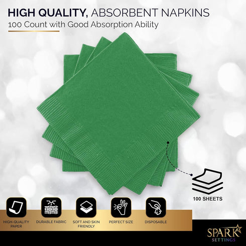 100 Pack Green Beverage Napkins, Big Party Pack, 2 Ply, Ideal for Wedding, Party, Birthday, Dinner, Lunch, Cocktails. (5” x 5”) by Amcrate...