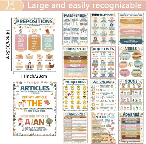 ZOIIWA 14 PCS Boho Parts of Speech Posters for Classroom Decorations Boho Grammar Posters Language Arts Back to School Rainbow Hearts Educational ...