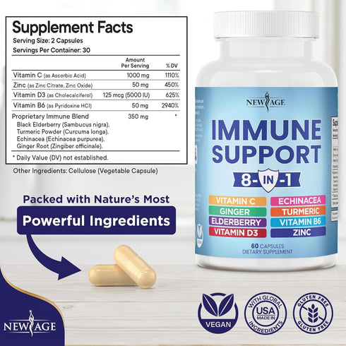 8 in 1 Immune Support Booster Supplement with Echinacea, Vitamin C and Zinc 50mg, Vitamin D 5000 IU, Turmeric Curcumin & Ginger, B6, Elderberry 60...