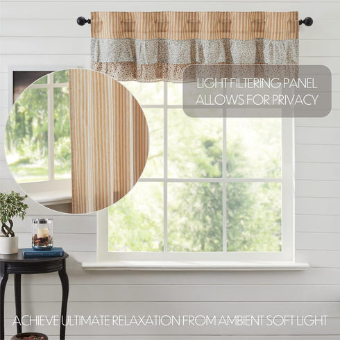 VHC Brands Kaila Country Cottage Ruffled Gold Ticking Stripe Curtain Valance 16x60...