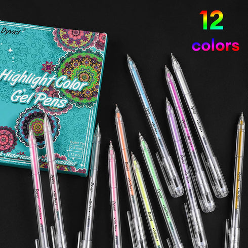 Dyvicl Highlight Color Pens, 0.8 mm Fine Point Pens Gel Ink Pens for Black Paper Drawing, Sketching, Illustration, Adult Coloring, Journaling, Set...