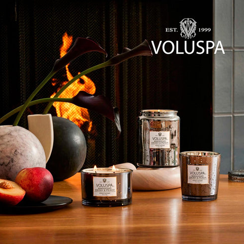 Voluspa Makassar Ebony & Peach, Mini Tin Candle, 4 oz, 25 Hour Burn Time, Coconut Wax for Clean Burning, Handcrafted in The USA...