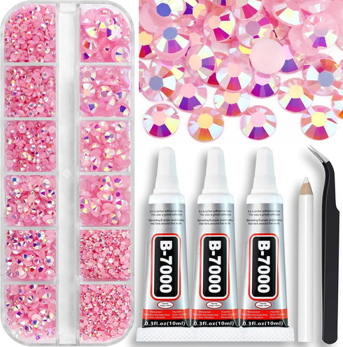 B7000 Glue with Light Pink AB Rhinestones for Crafts Clothes Shoes Fabric, 4000PCS Flatback Rhinestone for Nails Face Tumblers, Glue Fix Gems Beje...