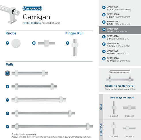 Amerock | Cabinet Pull | Polished Chrome | 3-3/4 inch (96 mm) Center to Center | Carrigan | 1 Pack | Drawer Pull | Drawer Handle | Cabinet Hardwar...