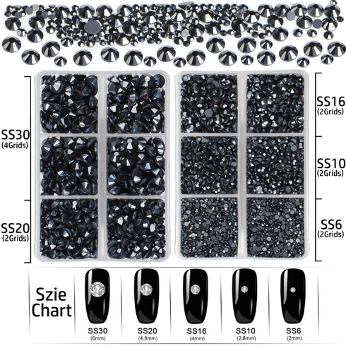 LPBeads 6400 Pieces Hotfix RhinestonesJet Hematite Flat Back 5 Mixed Sizes Crystal Round Glass Gems with Tweezers and Picking Rhinestones Pen...