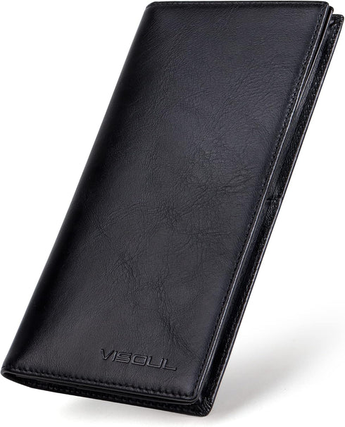 VISOUL Mens Leather Long Checkbook Bifold Wallets with RFID Blocking, Breast Pocket Tall Billfold Secretary Wallet for Men with Card Slots (Black)...