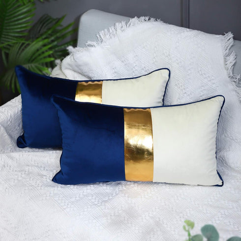 Navy Blue Beige Gold Leather Patchwork Velvet Throw Pillow Cover 12x20 Set of 2 Luxury Modern Home Decor Cushion Cover Decorative Pillow for Couch...