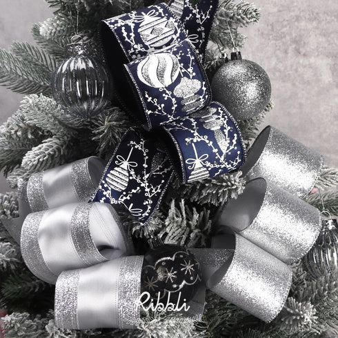 Ribbli Silver Wired Ribbon Satin with Silver Glitter Edge 2.5 Inch Silver Christmas Ribbon for Tree Gift Wrapping Wreaths Garland Topper Bows Craf...