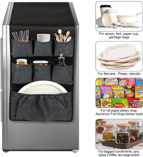 Mini Fridge Caddy Organizer Storage Bag, Over The Fridge Storage Organizer with 15 Extra Large Fabric Pockets for Plate, Silverware, Spice, Cutler...